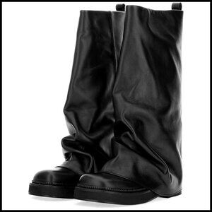 Leather Knee High Boots Slouchy Fold Over Chunky Platform Pull On Riding Style